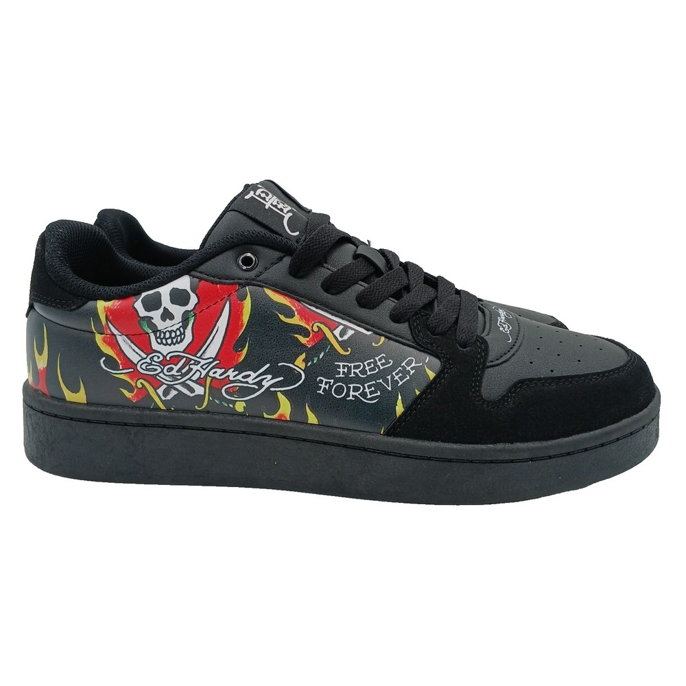 Ed Hardy Skull Flame‎ Sneakers Men 10.5 Black Tattoo Graphic Faux Leather Shoes
